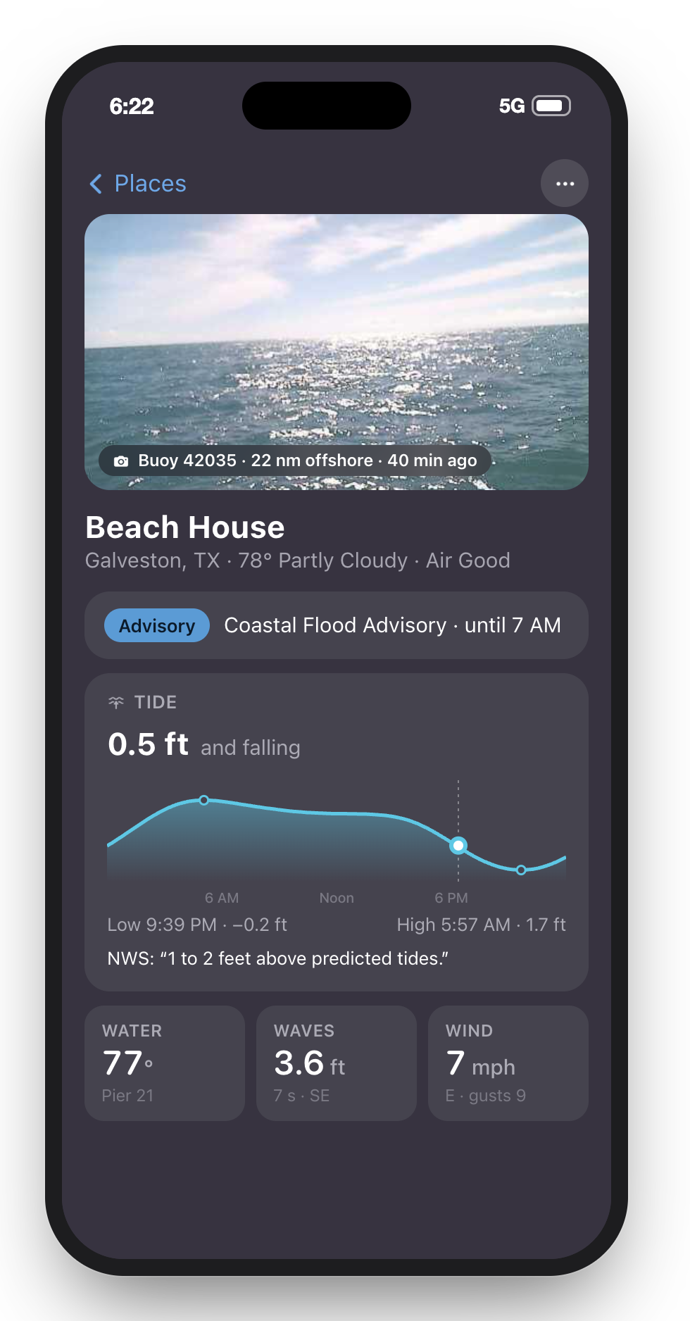 A coastal place with its buoy camera and the day’s tide